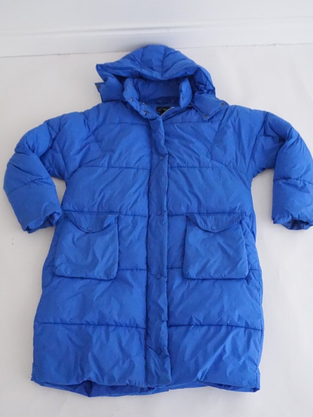 Urban Outfitters Blue Hooded Snap Zip Long Puffer Coat Oversized Pocket Jacket S